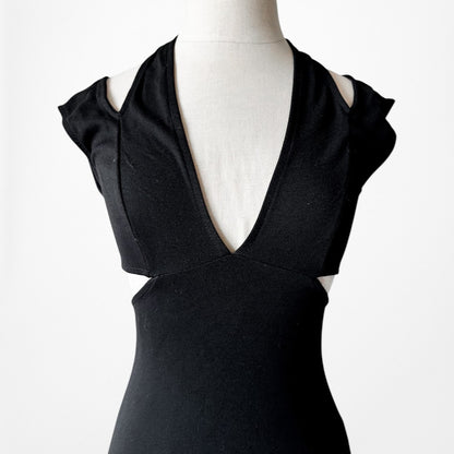 Vintage Y2K Black Knit Cutout Bodycon Knee Length Cocktail Dress Size XS/S