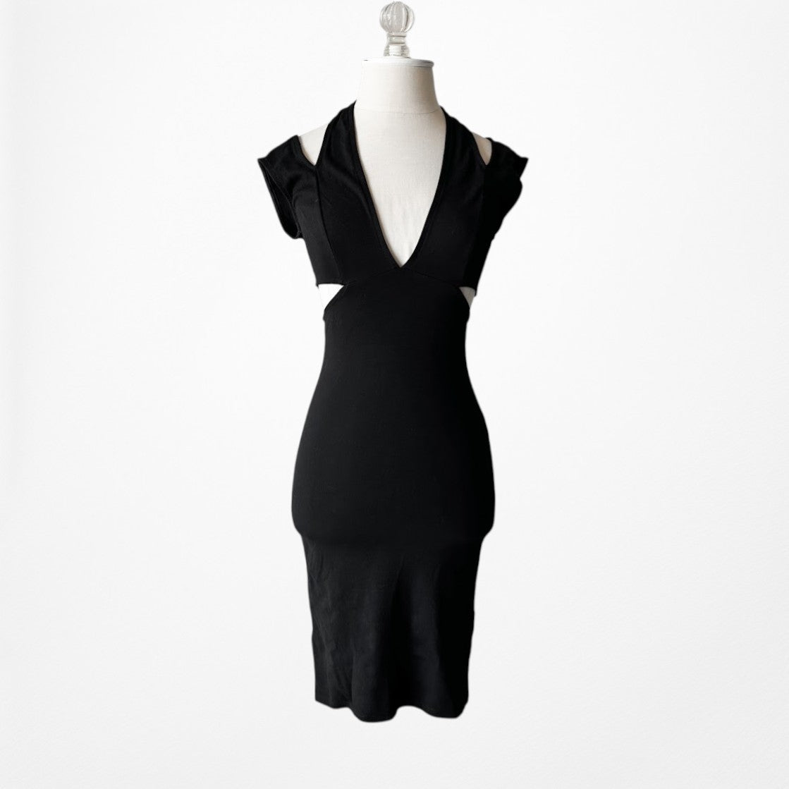 Vintage Y2K Black Knit Cutout Bodycon Knee Length Cocktail Dress Size XS/S