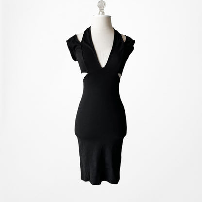 Vintage Y2K Black Knit Cutout Bodycon Knee Length Cocktail Dress Size XS/S