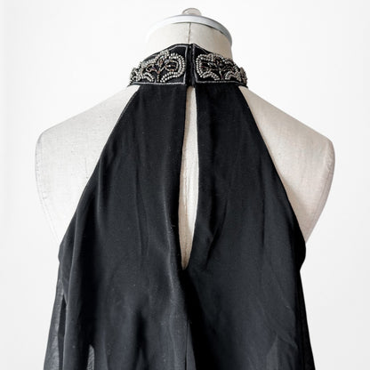 Vintage Y2K Black Halter Neck Beaded Chiffon Mini Shift Cocktail Dress Size XS/S