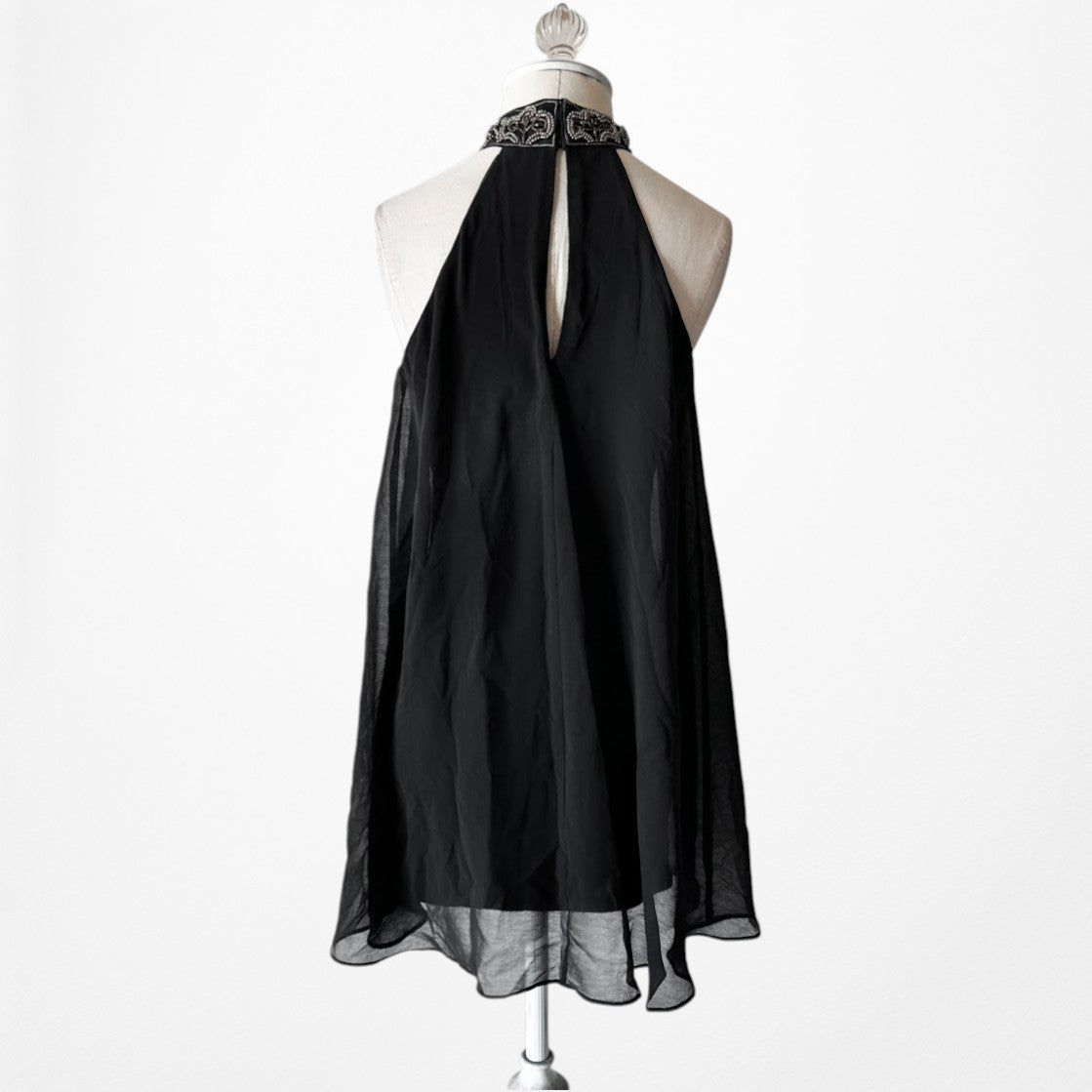 Vintage Y2K Black Halter Neck Beaded Chiffon Mini Shift Cocktail Dress Size XS/S