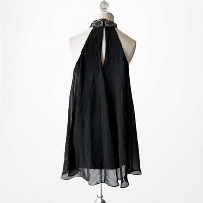 Vintage Y2K Black Halter Neck Beaded Chiffon Mini Shift Cocktail Dress Size XS/S
