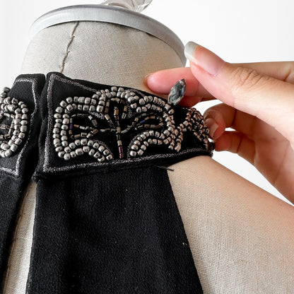 Vintage Y2K Black Halter Neck Beaded Chiffon Mini Shift Cocktail Dress Size XS/S