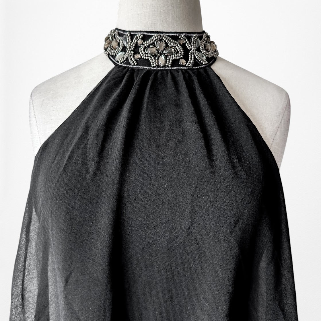 Vintage Y2K Black Halter Neck Beaded Chiffon Mini Shift Cocktail Dress Size XS/S