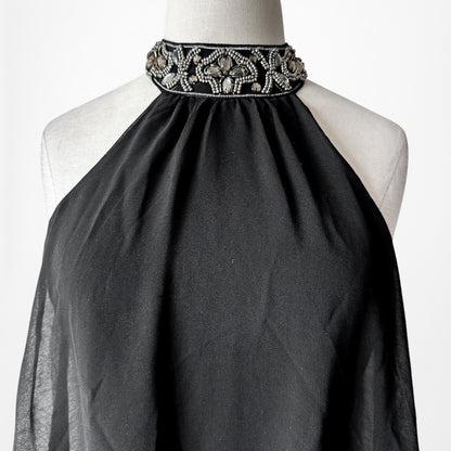 Vintage Y2K Black Halter Neck Beaded Chiffon Mini Shift Cocktail Dress Size XS/S