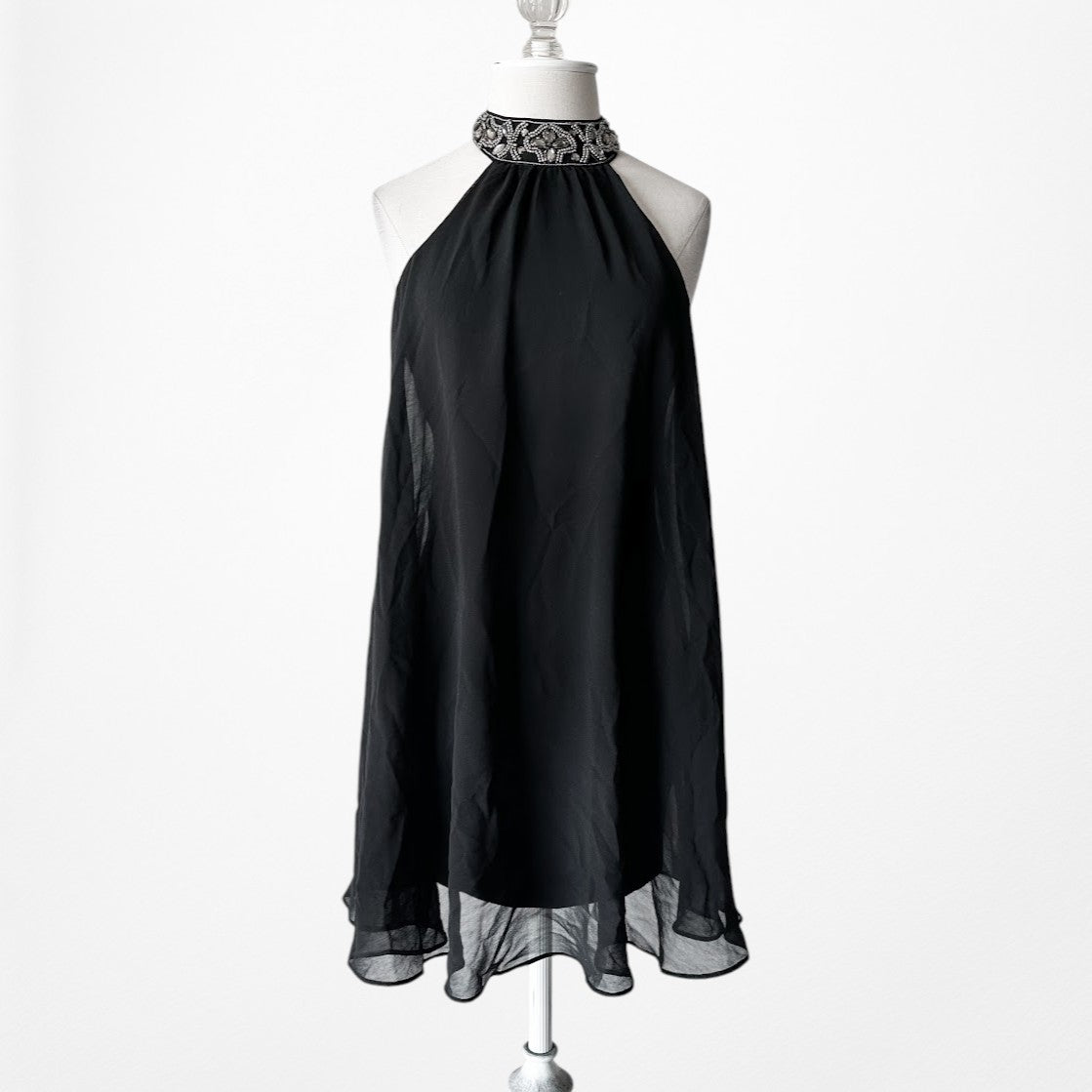 Vintage Y2K Black Halter Neck Beaded Chiffon Mini Shift Cocktail Dress Size XS/S