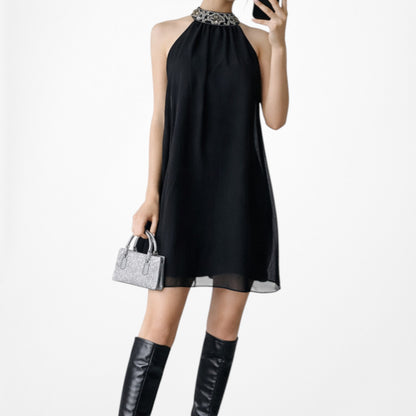 Vintage Y2K Black Halter Neck Beaded Chiffon Mini Shift Cocktail Dress Size XS/S