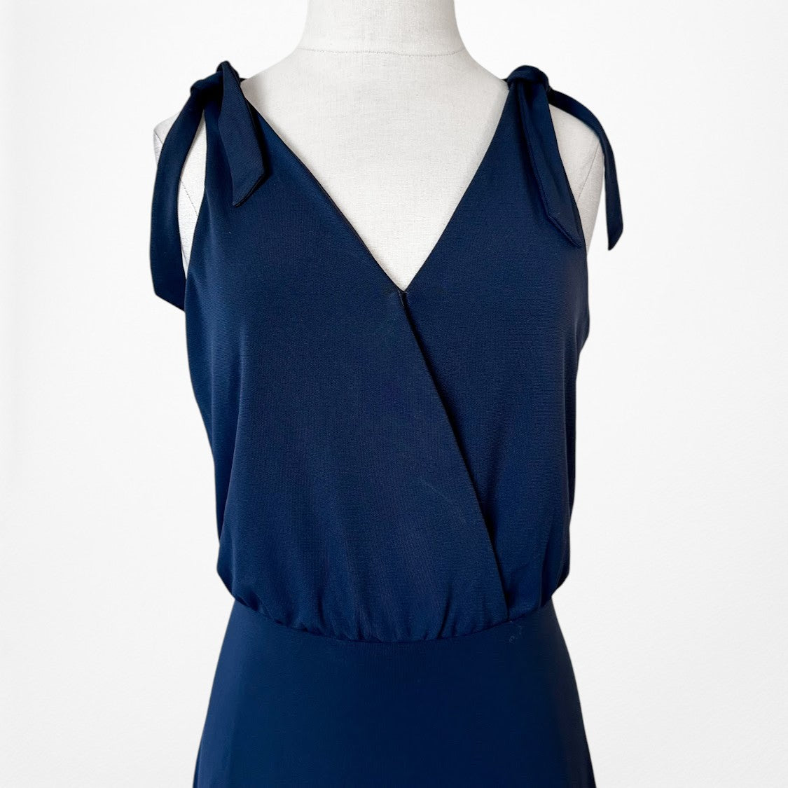 Vintage Y2K Navy Blue Knit Knee Length A-Line Wrap Flowy Cocktail Dress Size M