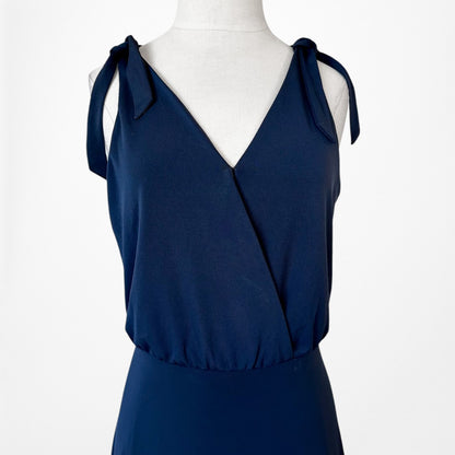 Vintage Y2K Navy Blue Knit Knee Length A-Line Wrap Flowy Cocktail Dress Size M