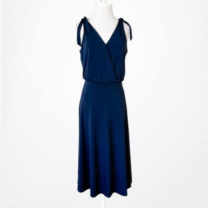 Vintage Y2K Navy Blue Knit Knee Length A-Line Wrap Flowy Cocktail Dress Size M