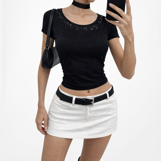 Vintage Y2K Black Short Sleeve Floral Sequin Beaded Detail Knit Top Size S/M