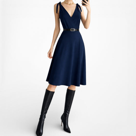 Vintage Y2K Navy Blue Knit Knee Length A-Line Wrap Flowy Cocktail Dress Size M