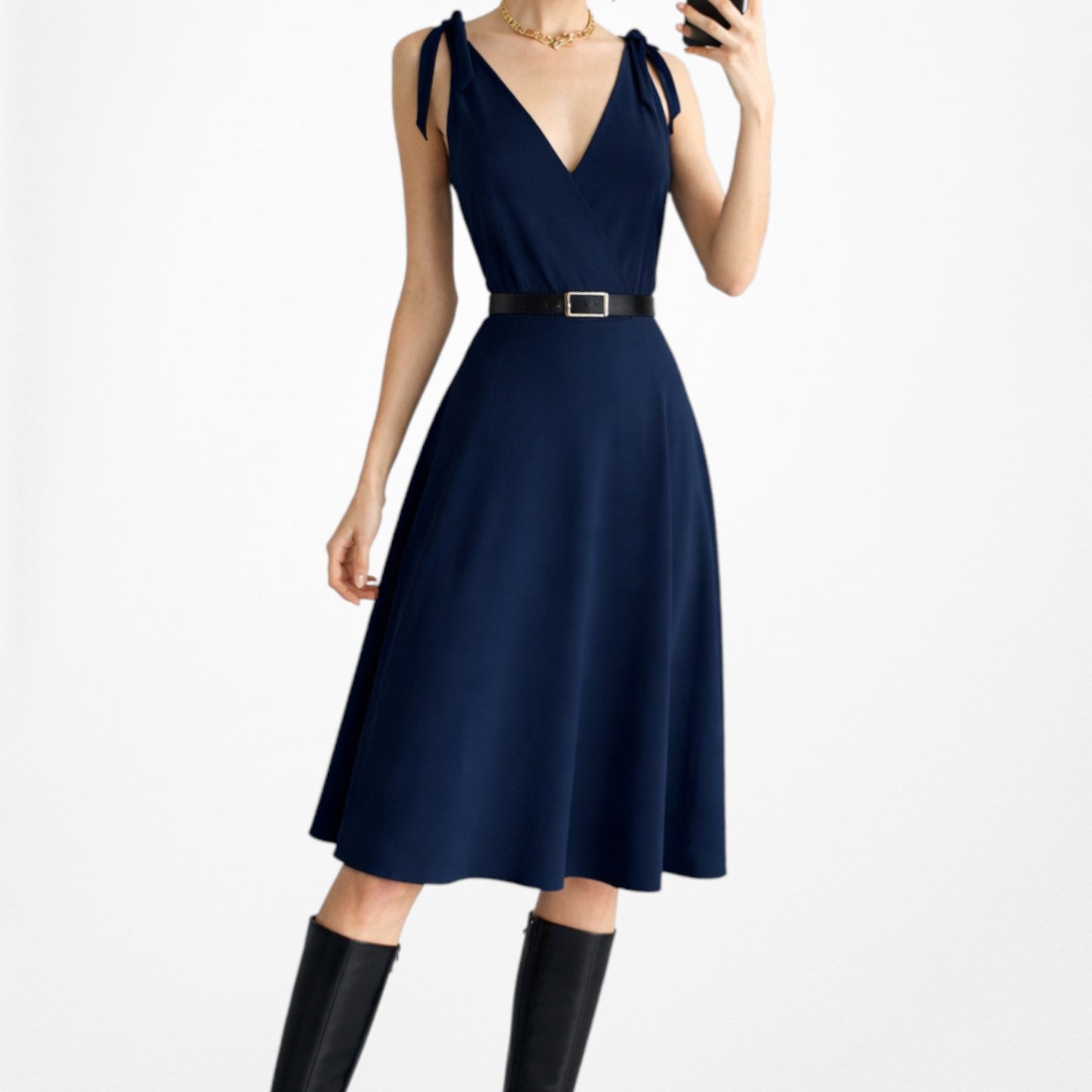 Vintage Y2K Navy Blue Knit Knee Length A-Line Wrap Flowy Cocktail Dress Size M