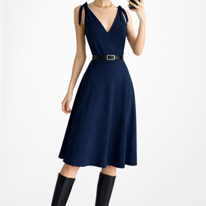 Vintage Y2K Navy Blue Knit Knee Length A-Line Wrap Flowy Cocktail Dress Size M