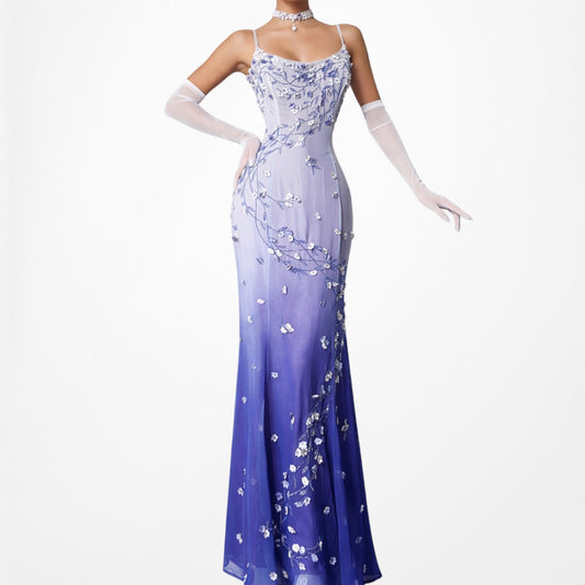 Vintage Y2K Purple Ombre Floral Applique Beaded Maxi Formal Prom Dress Size S