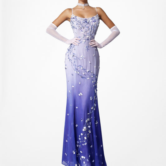 Vintage Y2K Purple Ombre Floral Applique Beaded Maxi Formal Prom Dress Size S