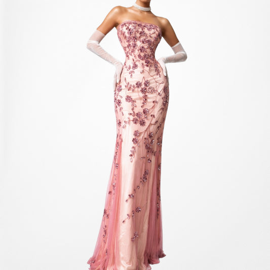 Vintage Y2K Pink Strapless Floral Beaded Mesh Sequin Maxi Prom Dress Size L/XL