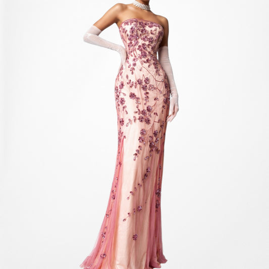 Vintage Y2K Pink Strapless Floral Beaded Mesh Sequin Maxi Prom Dress Size L/XL