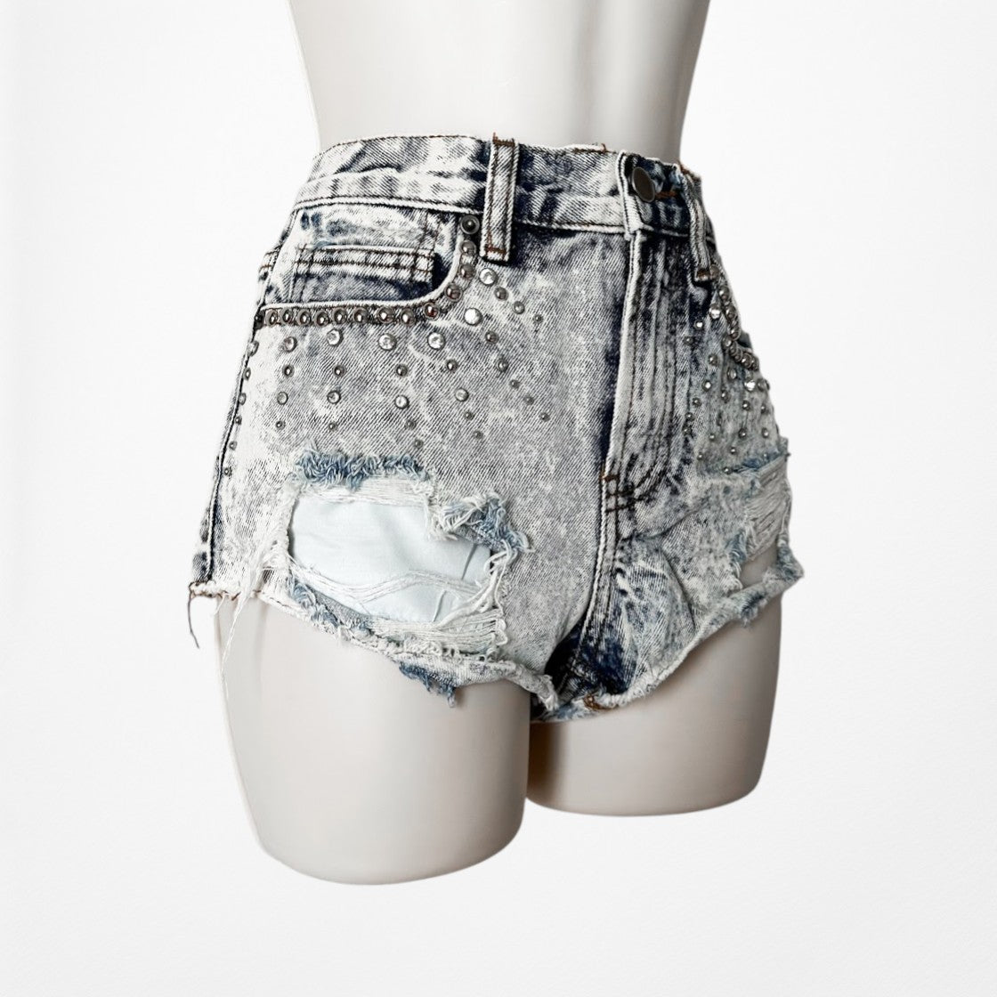Vintage Y2K Studded Rhinestone Acid Wash Distressed High Rise Denim Shorts XS/S