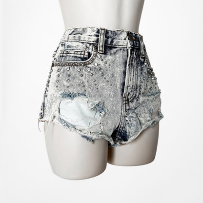 Vintage Y2K Studded Rhinestone Acid Wash Distressed High Rise Denim Shorts XS/S