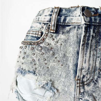 Vintage Y2K Studded Rhinestone Acid Wash Distressed High Rise Denim Shorts XS/S