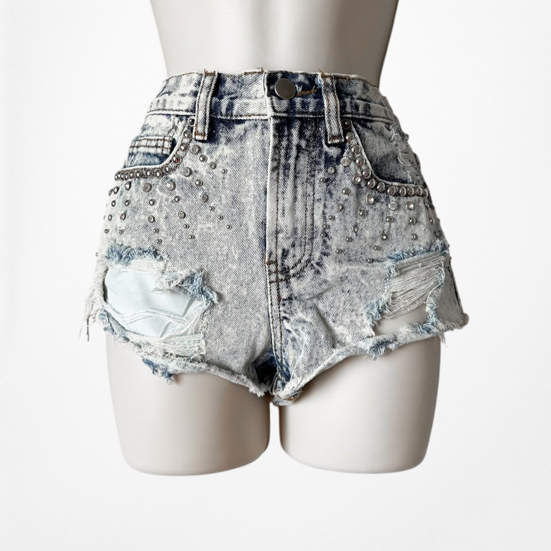 Vintage Y2K Studded Rhinestone Acid Wash Distressed High Rise Denim Shorts XS/S