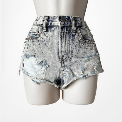 Vintage Y2K Studded Rhinestone Acid Wash Distressed High Rise Denim Shorts XS/S