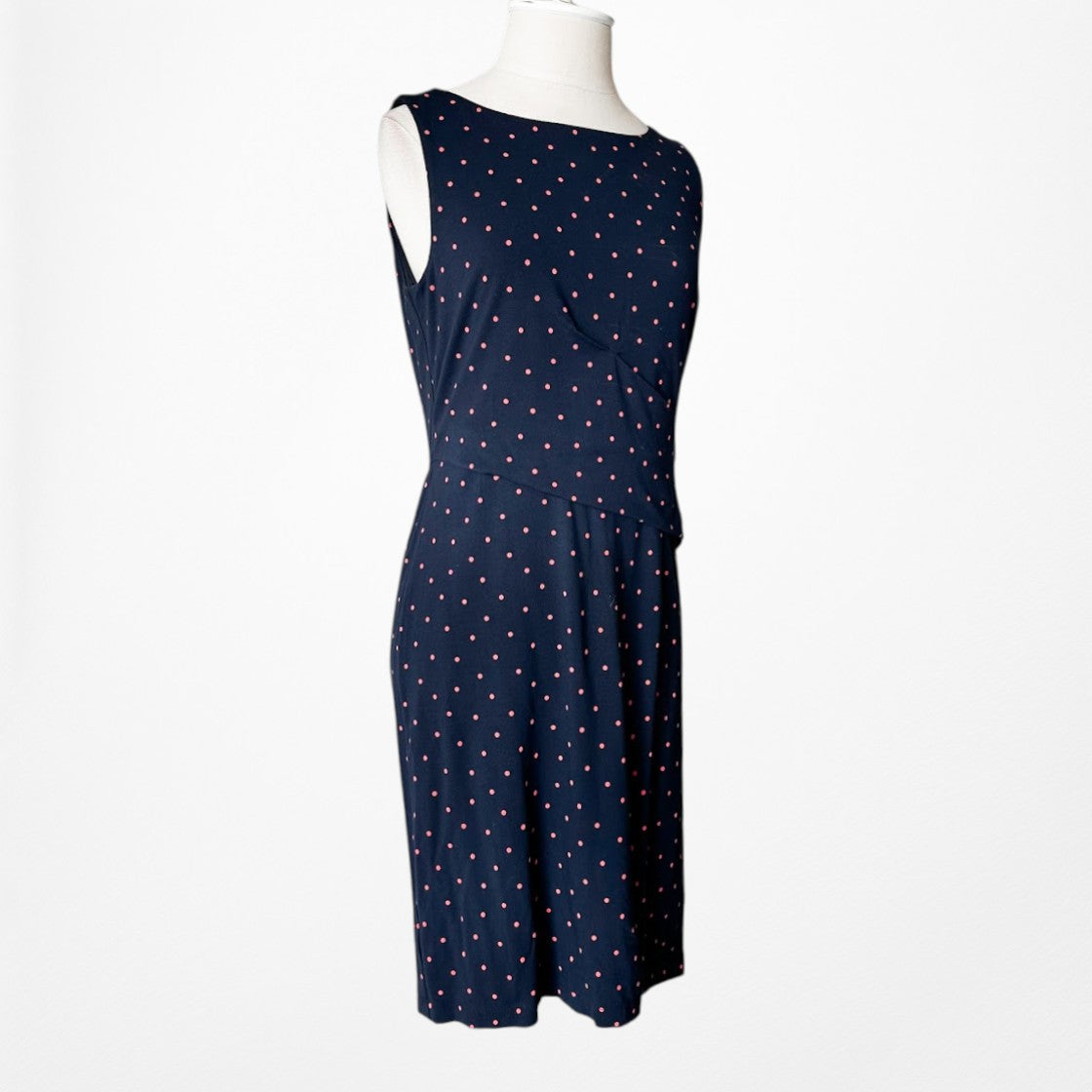 Vintage Y2K Navy Blue Polka Dot Knee Length Knit Bodycon Cocktail Dress Size M