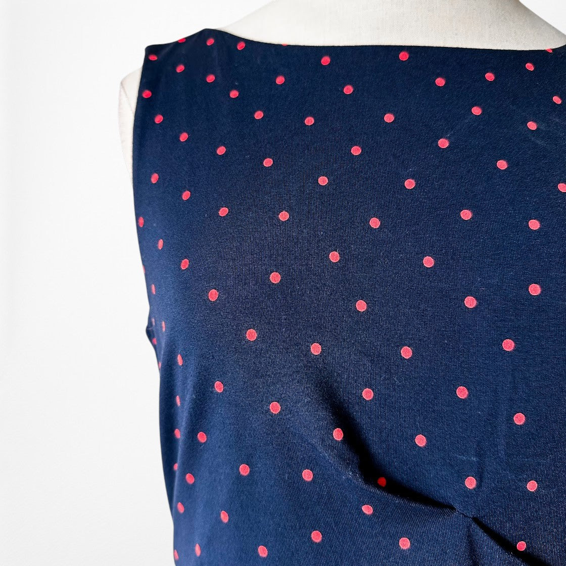 Vintage Y2K Navy Blue Polka Dot Knee Length Knit Bodycon Cocktail Dress Size M