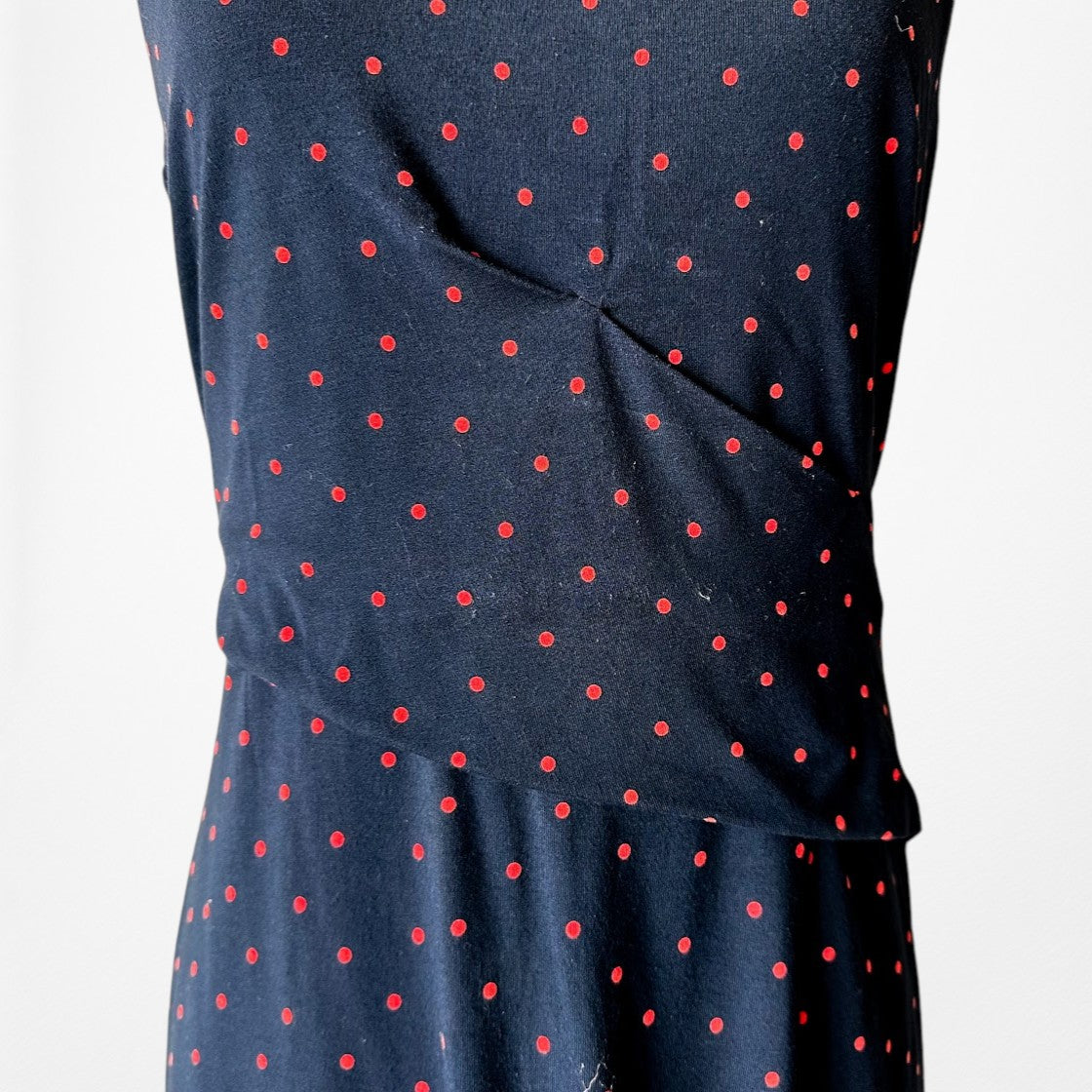 Vintage Y2K Navy Blue Polka Dot Knee Length Knit Bodycon Cocktail Dress Size M