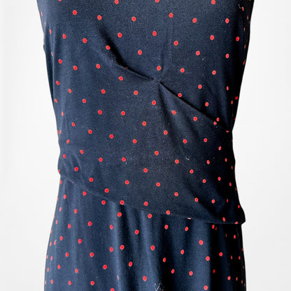Vintage Y2K Navy Blue Polka Dot Knee Length Knit Bodycon Cocktail Dress Size M