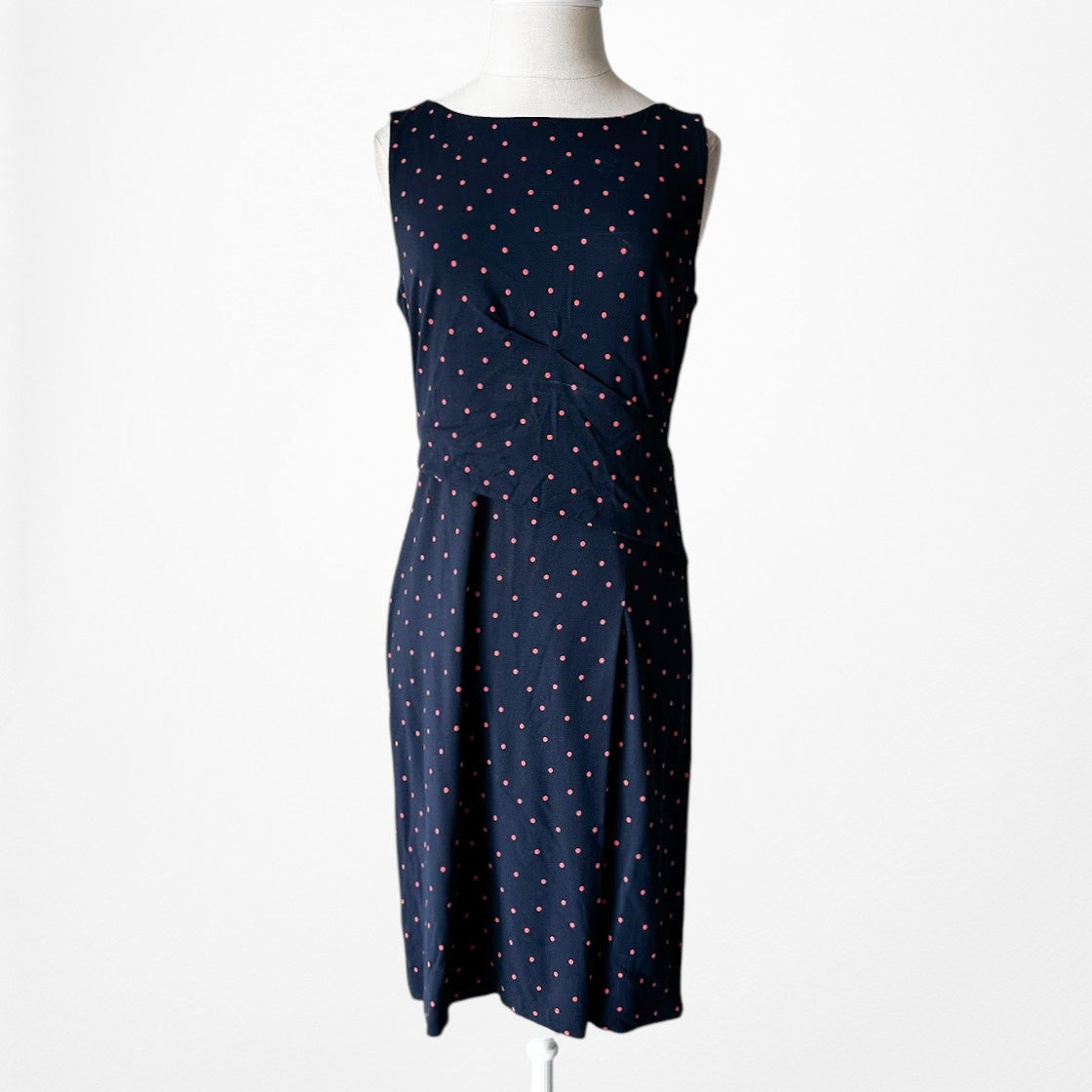 Vintage Y2K Navy Blue Polka Dot Knee Length Knit Bodycon Cocktail Dress Size M