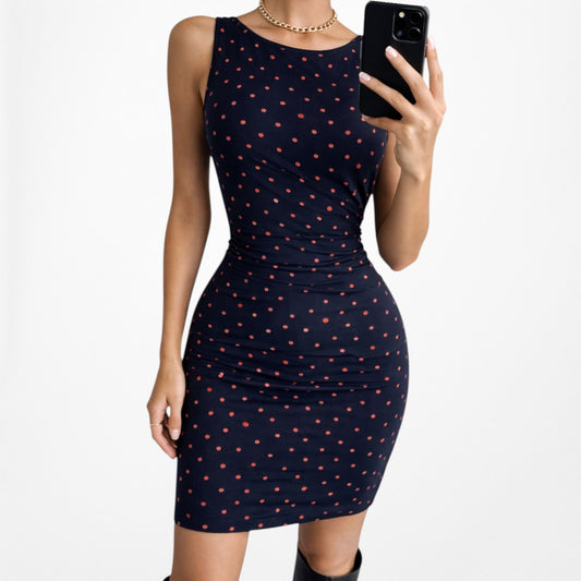 Vintage Y2K Navy Blue Polka Dot Knee Length Knit Bodycon Cocktail Dress Size M