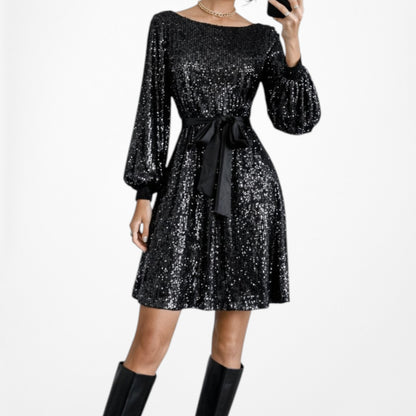 Vintage Y2K Black Long Sleeve Sequin Knee Length Tied Waist Dress Size M