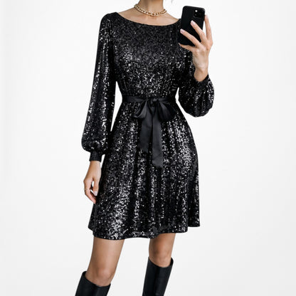 Vintage Y2K Black Long Sleeve Sequin Knee Length Tied Waist Dress Size M