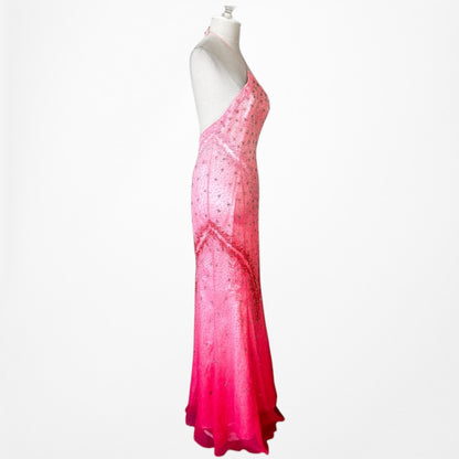 Vintage Y2K 90s Pink Ombre Halter Beaded Mesh Bodycon Maxi Prom Dress Size S