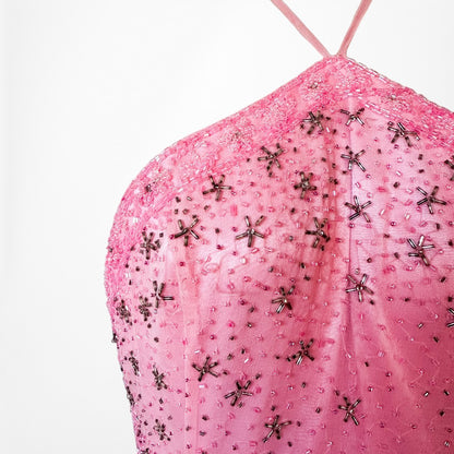 Vintage Y2K 90s Pink Ombre Halter Beaded Mesh Bodycon Maxi Prom Dress Size S