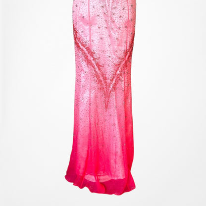 Vintage Y2K 90s Pink Ombre Halter Beaded Mesh Bodycon Maxi Prom Dress Size S