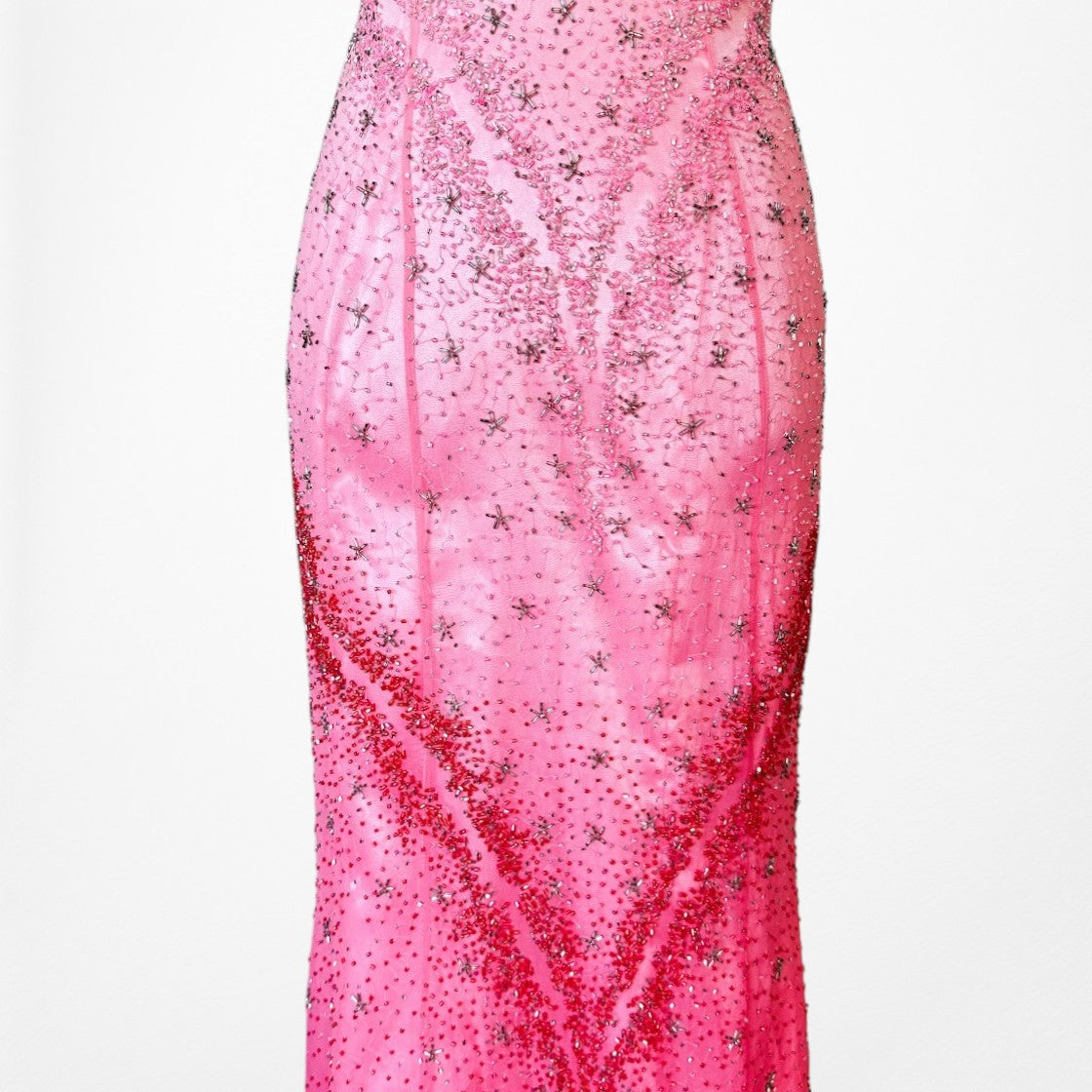 Vintage Y2K 90s Pink Ombre Halter Beaded Mesh Bodycon Maxi Prom Dress Size S
