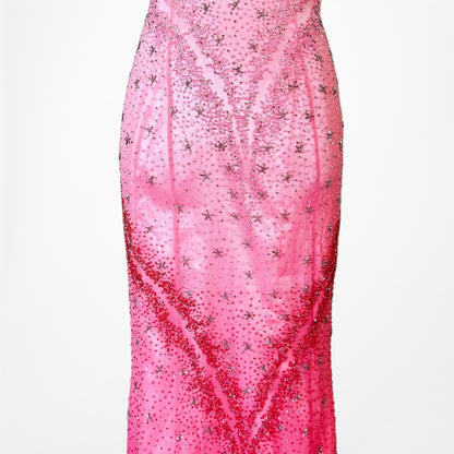 Vintage Y2K 90s Pink Ombre Halter Beaded Mesh Bodycon Maxi Prom Dress Size S