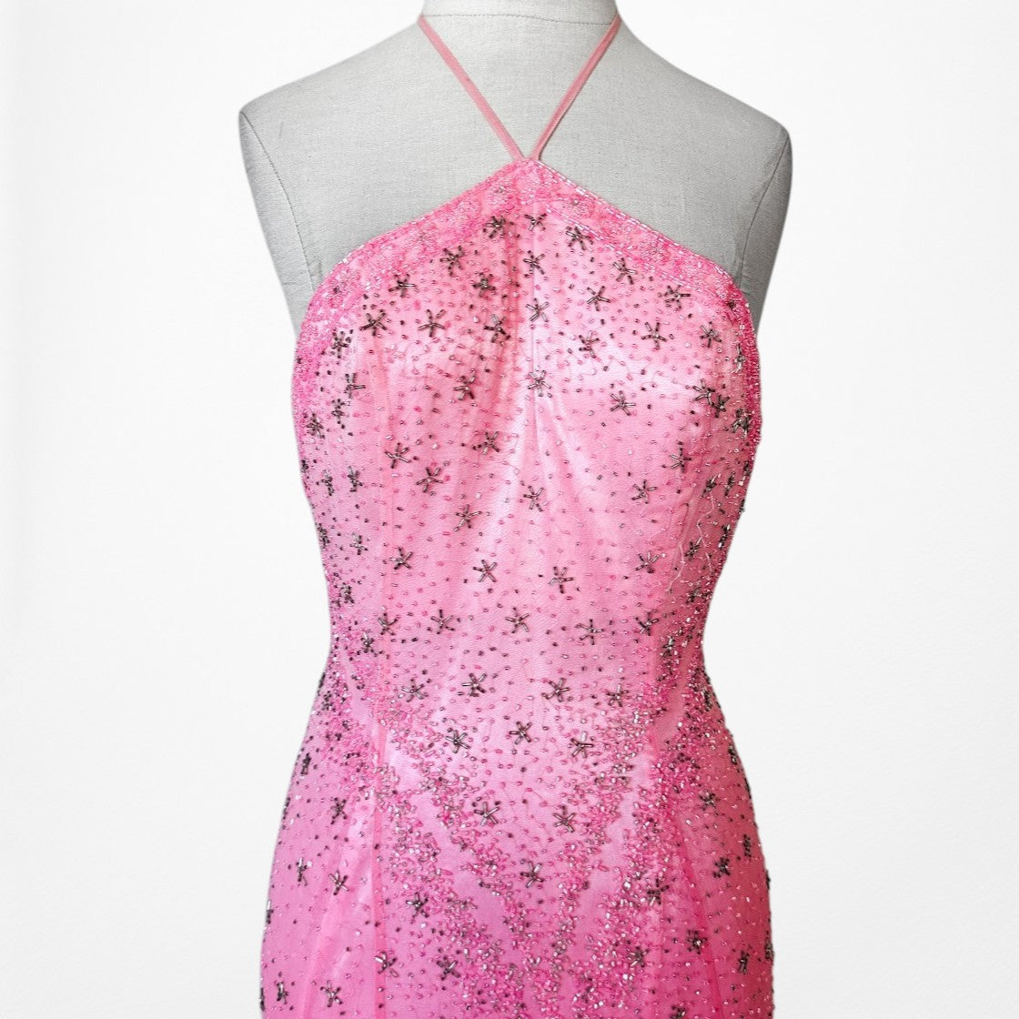Vintage Y2K 90s Pink Ombre Halter Beaded Mesh Bodycon Maxi Prom Dress Size S