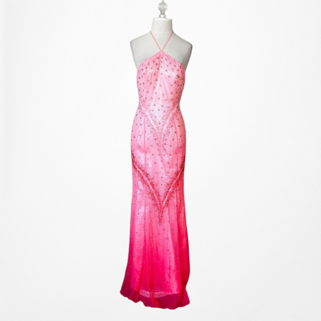 Vintage Y2K 90s Pink Ombre Halter Beaded Mesh Bodycon Maxi Prom Dress Size S