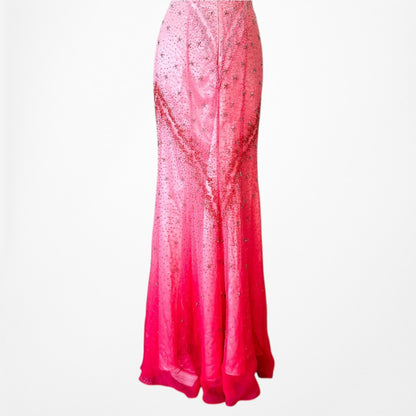 Vintage Y2K 90s Pink Ombre Halter Beaded Mesh Bodycon Maxi Prom Dress Size S