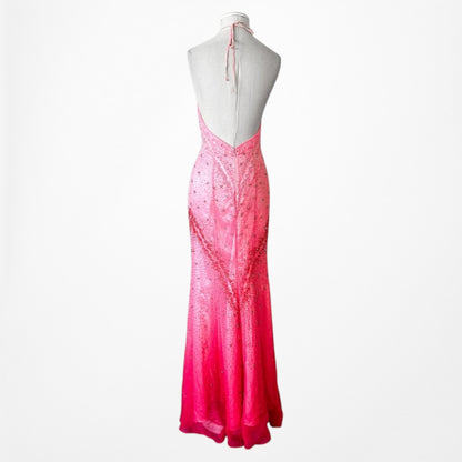 Vintage Y2K 90s Pink Ombre Halter Beaded Mesh Bodycon Maxi Prom Dress Size S