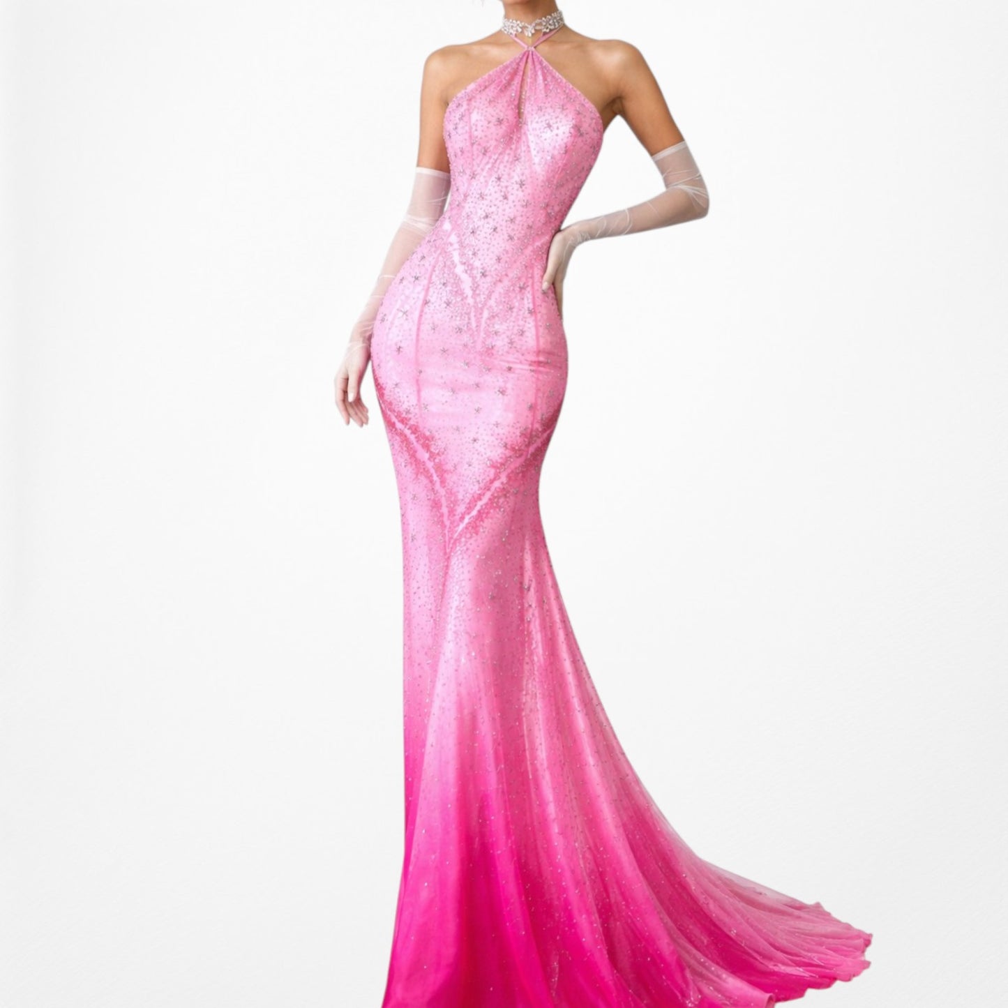 Vintage Y2K 90s Pink Ombre Halter Beaded Mesh Bodycon Maxi Prom Dress Size S