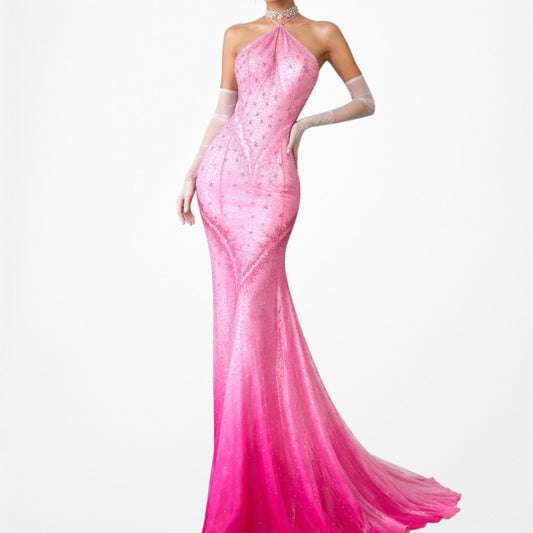Vintage Y2K 90s Pink Ombre Halter Beaded Mesh Bodycon Maxi Prom Dress Size S