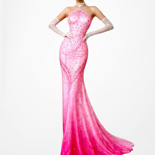 Vintage Y2K 90s Pink Ombre Halter Beaded Mesh Bodycon Maxi Prom Dress Size S