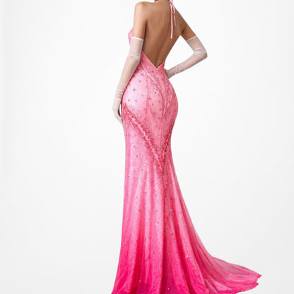 Vintage Y2K 90s Pink Ombre Halter Beaded Mesh Bodycon Maxi Prom Dress Size S