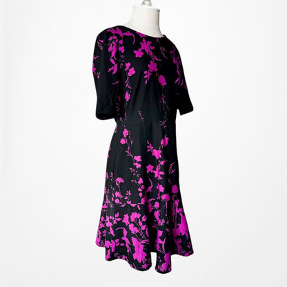 Vintage Y2K 90s Black Purple 3/4 Sleeve Flared A-Line Knee Length Dress Size M