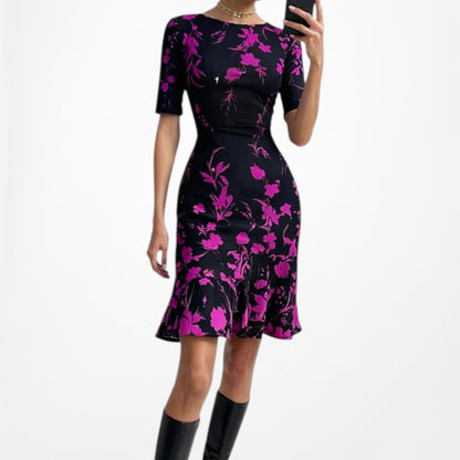 Vintage Y2K 90s Black Purple 3/4 Sleeve Flared A-Line Knee Length Dress Size M